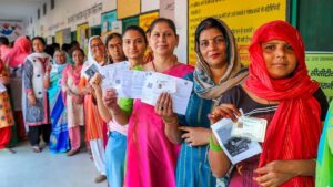 Photos highlighting women's participation in elections, including female voters, women political leaders, and women campaigning.
